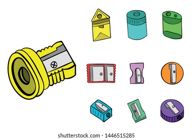 Set of pencil sharpener icon line symbol. Isolated on white.
Hand drawn school objects. 
