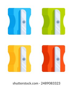 Set of pencil sharpener icons in blue, green, yellow, and red colors. Flat vector illustration isolated on white background. Stationery and school supplies concept. Perfect for educational materials