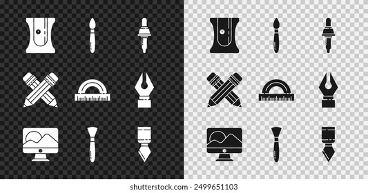 Set Pencil sharpener, Paint brush, Pipette, Computer monitor screen, Palette knife, Crossed pencil with eraser and Protractor icon. Vector