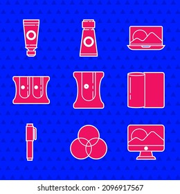 Ajuste el afilador de lápiz, mezcla de colores RGB y CMYK, pantalla de monitor de ordenador, rollo de toallas de papel, portátil y tubo con icono de paleta de pintura. Vector