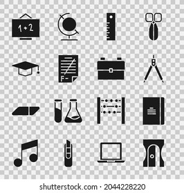 Set Pencil sharpener, Spiral notebook, Drawing compass, Ruler, Exam paper with incorrect answers, Graduation cap, Chalkboard and School backpack icon. Vector