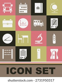 Set sacapuntas, cuchillos de papelería, papel de examen con respuestas incorrectas, cuaderno espiral, gráfico, horario, gráfico, diagrama, mochila escolar, autobús e icono. Vector