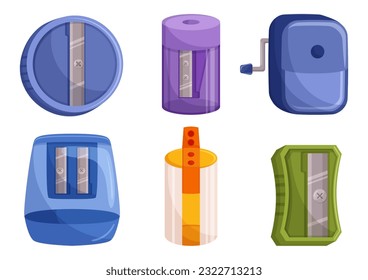 Set Of Pencil Sharpeners Designed For Precise Sharpening. Includes Various Sizes And Shapes To Provide A Sharp Point For Smooth And Effortless Writing Or Drawing. Cartoon Vector Illustration