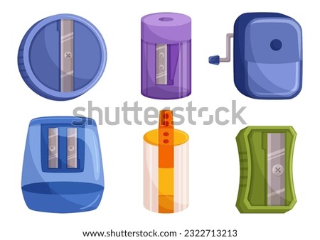 Set Of Pencil Sharpeners Designed For Precise Sharpening. Includes Various Sizes And Shapes To Provide A Sharp Point For Smooth And Effortless Writing Or Drawing. Cartoon Vector Illustration