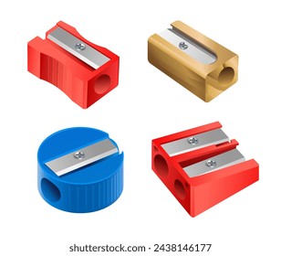 Set of pencil sharpeners on a white background. Vector realistic 3d illustration