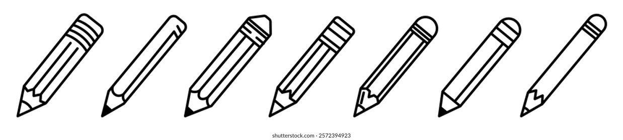 Set of Pencil template flat and line icons on transparent background, line design vector illustration, office supplies concept