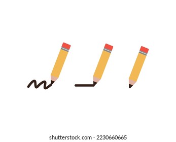 Set of pencil writing wavy and straight line. Flat vector design illustration isolated on white background.