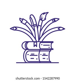 set of pencils with books supplies vector illustration design
