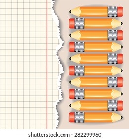 Set of the pencils by the paper sheet. Vector illustration.