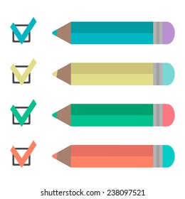 set of pencils and check marks. isolated on white background. flat design modern vector illustration