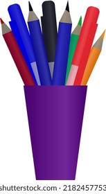 A set of pencils, colored pencils, and pens in a pen holder