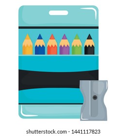 set of pencils colors in box and sharpener