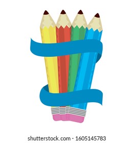 set pencils colors with ribbon vector illustration design