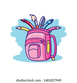 set of pencils and colors with school bag isolated icon