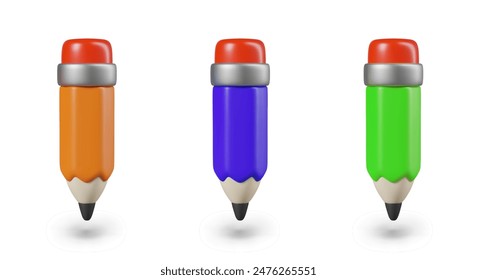 Set of pencils of different colors. Orange, blue, green pencil in vertical position