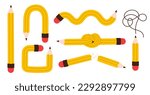 A set of pencils of different shapes. A curved and broken pencil. School and office supplies. Vector flat illustration.