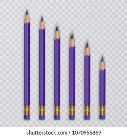 Set of pencils with eraser. Set of different size pencils. Vector eps 10 illustration in realistic style.