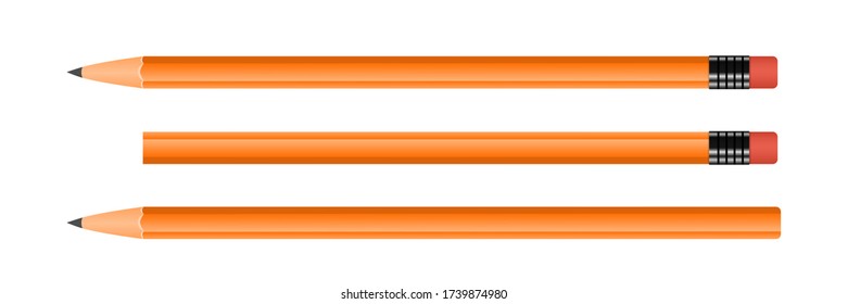 Set of pencils with eraser. Yellow pencils for drawing. Faceted shape. Realistic illustration isolated on a white background.