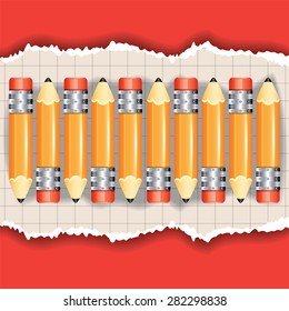Set of the pencils on the torn paper sheet on red background. Vector illustration.