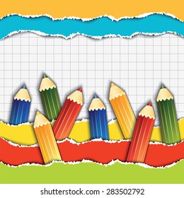 Set of the pencils on the torn paper sheet on red background. Vector illustration.