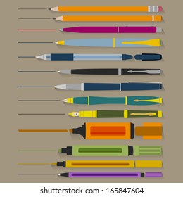 set of pencils pens and markers of different shapes and colors