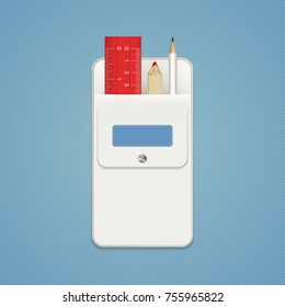 A set of pencils and rule in a white pocket with a label and a button. Pencils for drawing. School stationery for decoration
