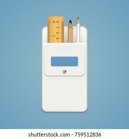 A set of pencils and rule in a white pocket with a label and a button. Pencils for drawing. School stationery for decoration