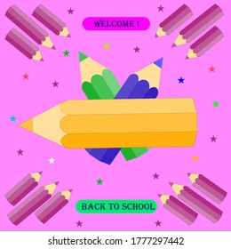 Set of pencils for sale at the school fair are set against a pink background with stars