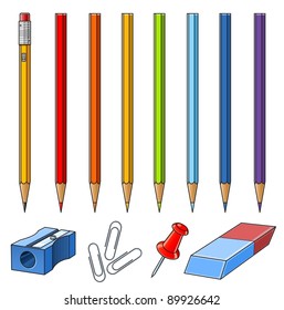 set pencils and stationery accessory vector illustration isolated on white background