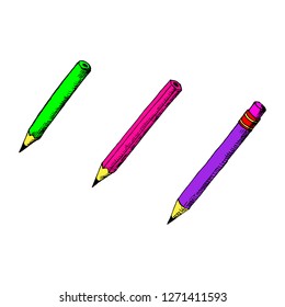 Set of pencils. Vector cartoon doodles. Isolated objects on a white background. Hand-drawn style.