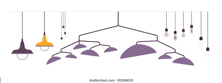 Set of pendant lamps, isolated against white background. Cartoon vector flat-style illustration