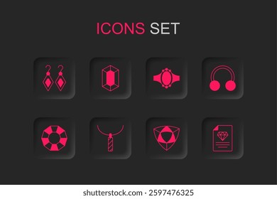 Set Pendant on necklace, Gem stone, Earrings, Diamond, Piercing, Certificate of the diamond, engagement and  icon. Vector