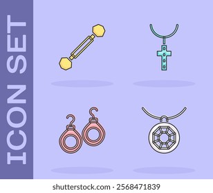 Set Pendant on necklace, Piercing, Earrings and Christian cross chain icon. Vector