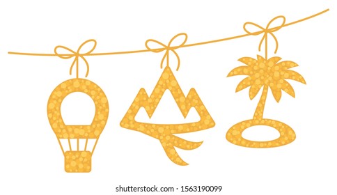 SET OF PENDANTS FOR DECORATION WITH IMITATION OF GOLDEN RHINES IN THE FORM OF AEROSTAT, MOUNTAINS, SKATES, ISLAND WITH PALM