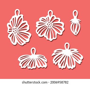 Set of pendants with flowers. Decorative hanging decorations with flower buds, chamomile petals for jewelry or home decor. Template for plotter laser cutting of paper, metal engraving, wood carving.