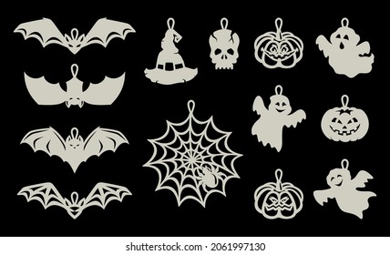 Set of pendants, hanging decorations for Halloween. Silhouettes of pumpkin, bat, skull, magic witch hat, funny ghosts, web with a spider on black background. Vector template for plotter laser cutting.