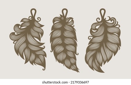 Set Of Pendants In The Shape Of Leaf, Feather. Beautiful Hanging Decoration, Ornaments With Lace Pattern. Vector Template For Cnc, Plotter Laser Cutting Of Jewelry, Key Chains, Accessories, Bijouterie