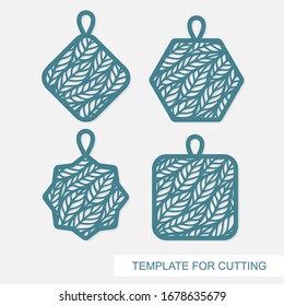 Set of pendants in the shape of a rhombus, star, square, hexagon. Beautiful lace floral pattern of leaves. Vector template for laser cutting, metal engraving, wood carving, paper cut or printing. 