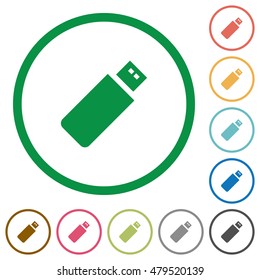 Set of pendrive color round outlined flat icons on white background