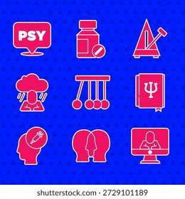 Set Pendulum, Bipolar disorder, Psychologist online, Psychology book, Psi, Addiction to the drug, Depression, Metronome with pendulum and Psychology, icon. Vector