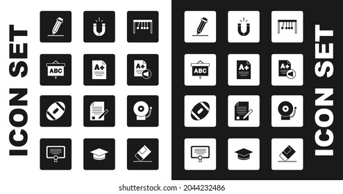 Set Pendulum, Exam sheet with A plus grade, Chalkboard, Pencil eraser, Magnet, Ringing alarm bell and American Football ball icon. Vector