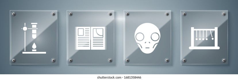 Set Pendulum, Extraterrestrial alien face, Open book and Glass test tube flask on fire heater. Square glass panels. Vector