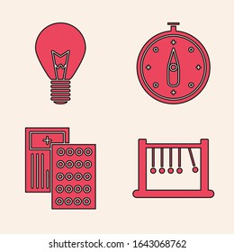 Set Pendulum, Light bulb with concept of idea, Compass and Pills in blister pack icon. Vector
