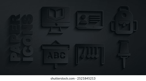 Set Pendulum, School backpack, Chalkboard, Push pin, Online class and  icon. Vector