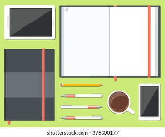 Set of pened  and closed sketchbook or notebook with pencil, pen, mobile phone, tablet and cup of coffee in top view. Vector illustration 