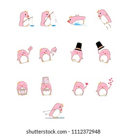 Set of penguin actions animal flat icon cute cartoon character