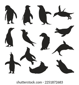 Set of penguin animal silhouettes of various styles