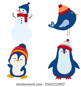 set of penguin and bird illustrations on christmas day