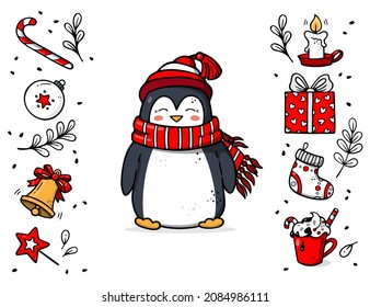 Set of Penguin Christmas character and doodle elements. Cozy winter. New Year theme. Perfect collection for holiday decoration, greeting and wish card, invitation, party etc.  