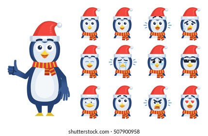 Set of penguin emoticons. Christmas penguin avatars showing different facial expressions. Happy, sad, cry, laugh, tired, serious, angry, in love, smile, think and other emotions. Vector illustration